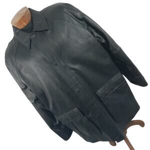 PHASE TWO! STUNNING BLACK GENUINE LEATHER ZIP-OUT THERMAL LINER COAT! SZ XL